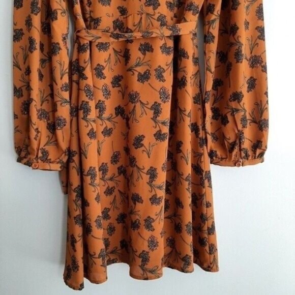 GILLI / Flowy Lightweight Surplice Floral Dress w/ Tie Belt Tan Brown Sz M - Picture 7 of 12
